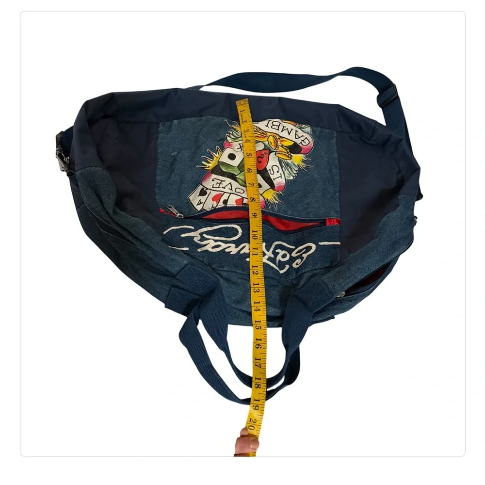 Ed Hardy denim duffle bag with crossbody strap outside pocket